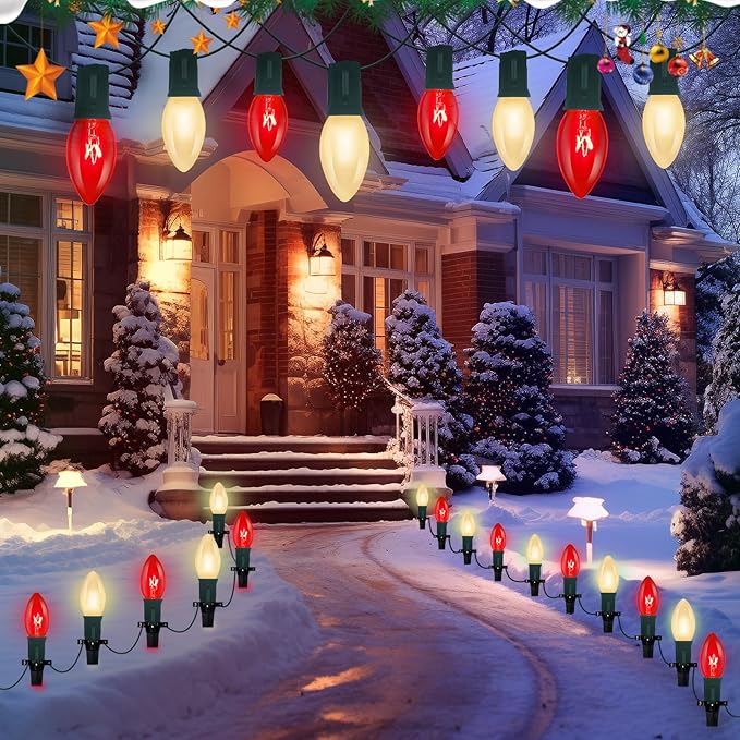 25FT C9 Christmas Outdoor Lights,Red and Frosted White Christmas Lights with 26 Bulbs(1 Spare),Commercial Vintage Red White Christmas Lights for Tree Yard Garden Porch Party