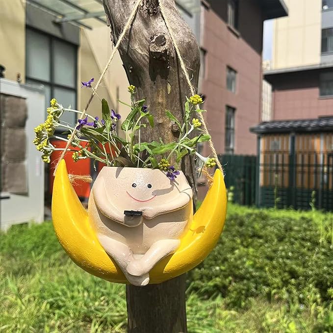 Swing Smiley Face Hanging Planter Pot for Indoor Outdoor Plants, Cute Swinging Plant Pot, Hanging Flower Pots, Face Planter Pot Head, Valentines Day Gifts for Her(Rocking Moon)