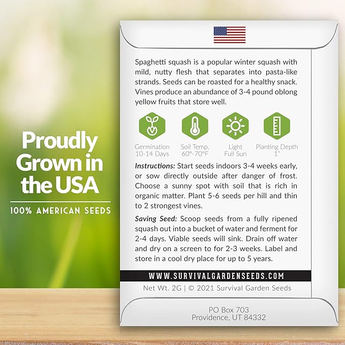 Survival Garden Seeds - Spaghetti Squash Seed for Planting - 5 Packets with Instructions to Plant and Grow Low Carb Healthy Winter Squash in Your Home Vegetable Garden - Non-GMO Heirloom Variety