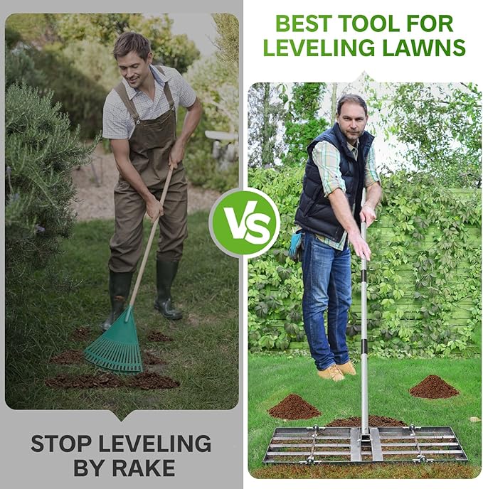 Lawn Leveling Rake, Lawn Leveler with Stainless Steel Long Handle, Heavy Duty Yard Level Tool for Leveling Soil, Sand Or Dirt Surfaces, Gardening Gloves Gift Included (30x10in)