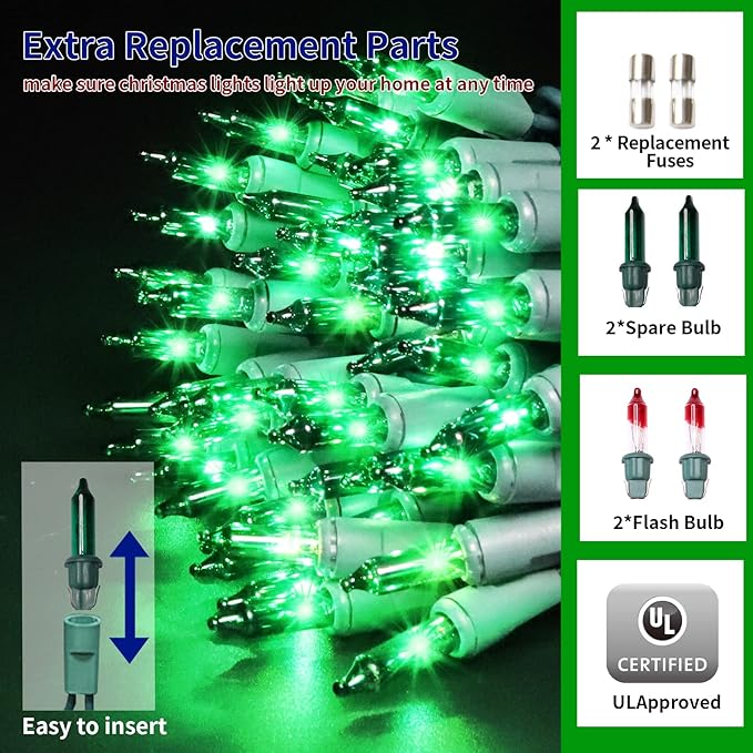 Ultra-Bright Connect End to End Green Christmas Mini Light 300L 63.8Ft(2Sets-Each 150L)UL Listed Incandescent Bulb String Light for Indoor Outdoor Holiday Garden Party Christmas Tree Decor