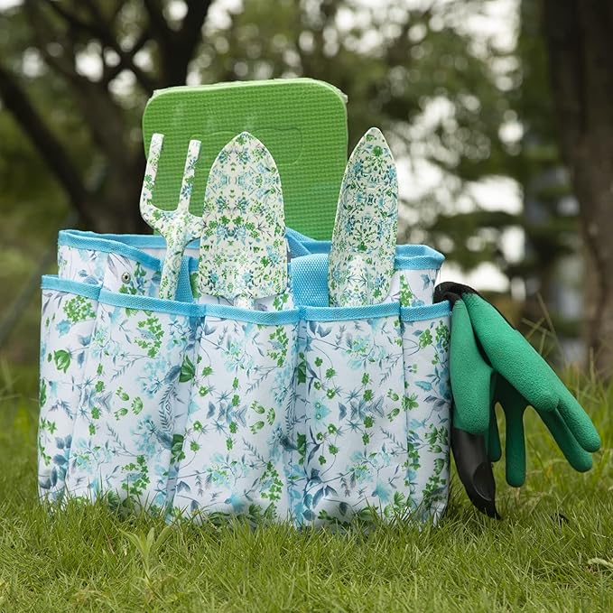 Garden Tool Set 9 Piece Aluminum Alloy Gardening Hand Tools Kit Gift for Women & Parent Gardening Supplies with Gloves,Tote,Kneeling Pad,Hand Pruner,Trowel,Hand Rake,Weeder,Fork,Transplanter