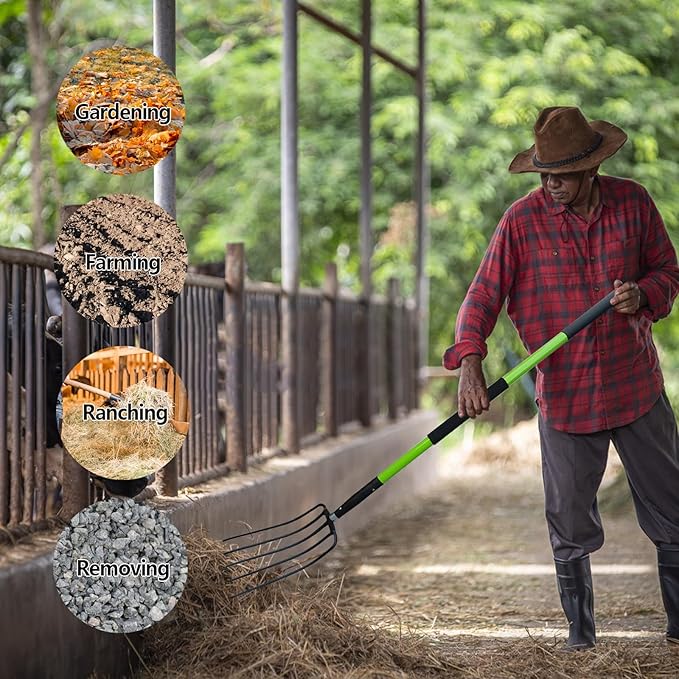 Pitch Fork-57 Inch，5-Tine Steel Garden Fork Heavy Duty, Mulch with Cushion Grip, Green Fiberglass Handle