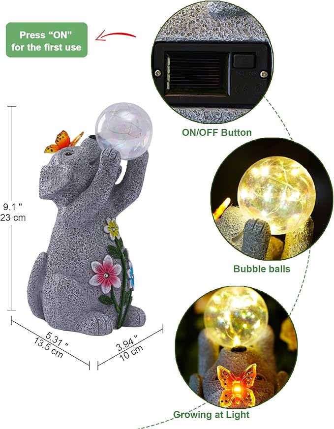 Solar Funny Dog Statue for Garden: Outdoor Sculptures with Ball Lights and Butterfly Clearance Lawn Ornaments Yard Porch Patio Balcony - Gifts for Mom Grandma