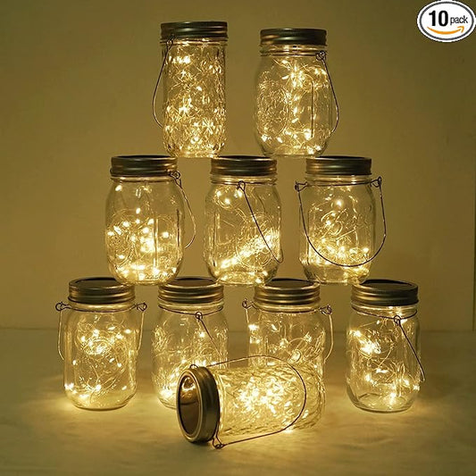 Decorman Solar Mason Jar Lights, 10 Pack 30 LED Fairy Star Firefly String Lids Lights with 10 Hangers for Patio Yard Garden Party Wedding Christmas Decoration(Jars Not Included) (10 Pack, Warm White)