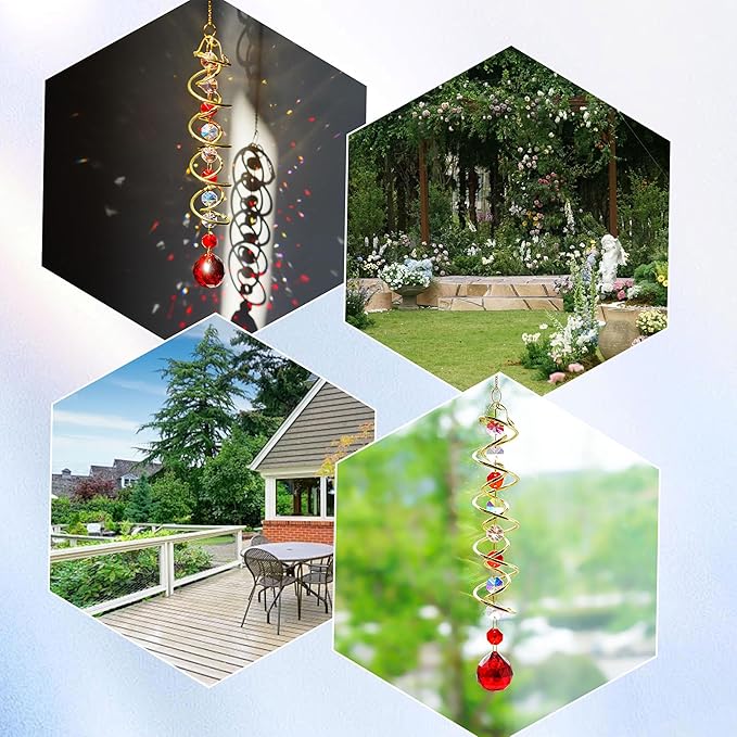 H&D HYALINE & DORA 17.7in Crystal Suncatcher Gazing Ball Spiral Tail,Wind Spinner Sun Catcher with Octagonal Beads,Sun Catchers Window Hanging for Outdoor Garden Decor