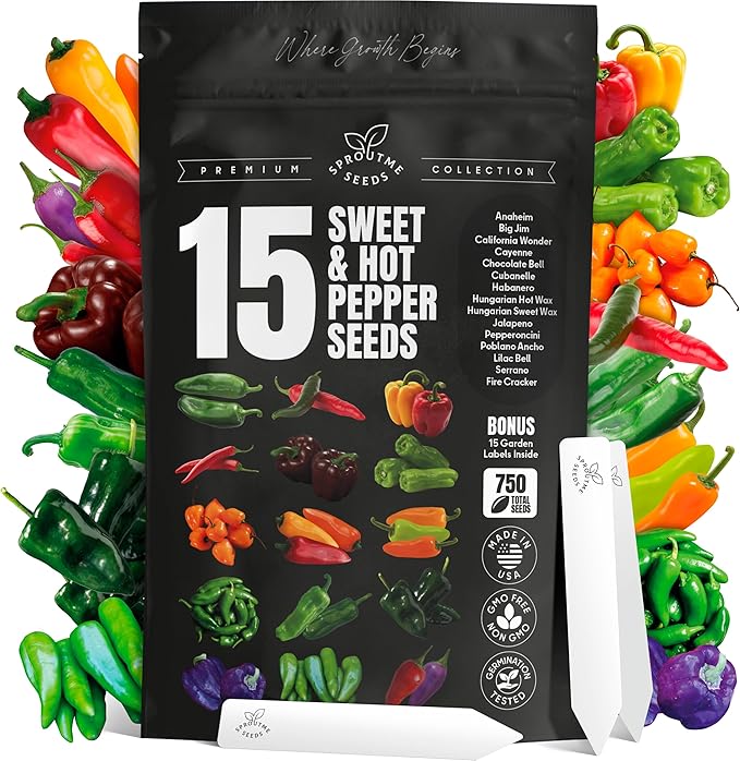 15 Sweet & Hot Pepper Seeds Vegetable Variety Pack Home Garden Kit Plant Markers 750+ Non-GMO Heirloom Indoor Hydroponic Outdoors Planting Cayenne Banana Habanero Jalapeno Cubanelle Bell Rare Peppers