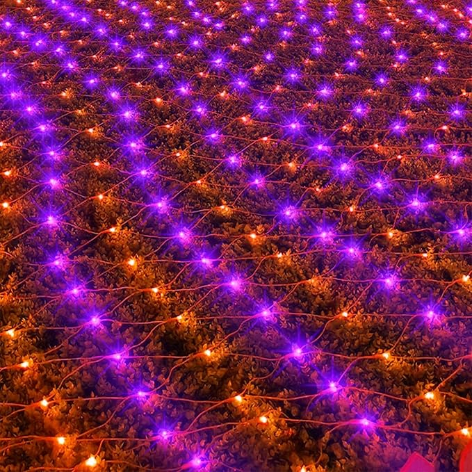 LJLNION Halloween Net Lights, 360 LED 12ft x 5ft Connectable Mesh Fairy String Lights, 8 Modes Low Voltage Safe Adaptor for Xmas Trees Bushes Wedding Outdoor Garden Yard Decorations, Orange & Purple