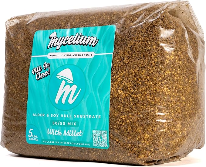 Mycelium Gourmet Mushroom All-in-One Bag - Premium Organic 5LB Blend Alder & Soy Hull Substrate with Sterilized Millet Grain - Perfect for Variety of Wood-Loving Mushrooms - Home Growing Made Easy