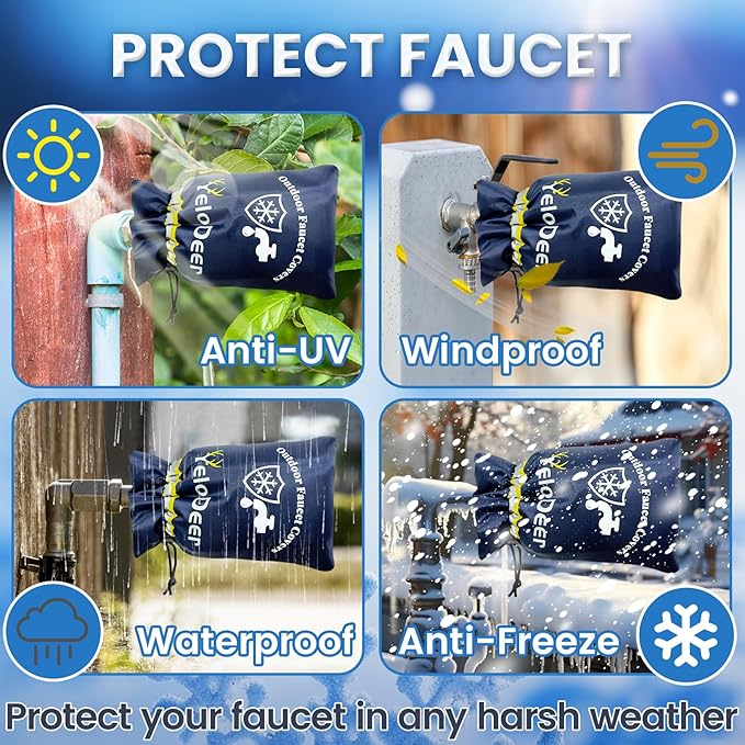 Outdoor Faucet Cover for Winter, Yelodeer 4 Packs 7.1"W X 10.7"H Upgraded Thicken Spigot Pipe Covers, Reusable Waterproof Oxford Faucet Sock, Hose Bib Covers for Winter Insulated Freeze Protection