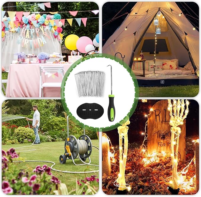 Landscape Staples Set,6 Inch 11 Gauge 200pcs Galvanized Garden Stakes and 200pcs Gaskets +1Pick Hook,U-Shaped Tent Stakes Landscaping Fabric SOD Pins for Weed Fabric Barrier,Groud Cover,Fence