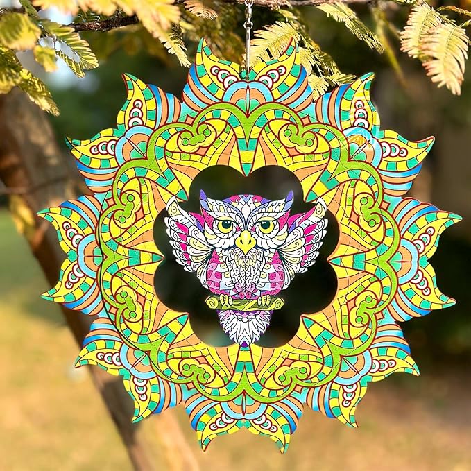 Wind Spinner Colorful Owl 12 inch 3D Stainless Steel Laser Cut Metal Double Sided Printing-Hanging Indoor/Outdoor Decorations Yard Gardening Decor,Metal Kinetic Art Ornament Gifts
