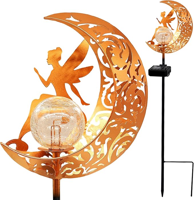 YJFWAL 2 Pack Garden Solar Lights Pathway Stake Lights Moon Fairy Glass Globe with Angel Decor, Outdoor Decorative Lights Waterproof for Walkway, Yard, Patio Decor(Warm White)