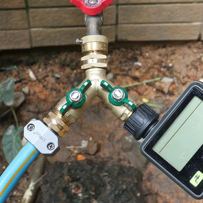 STYDDI Garden Hose Splitter Full Flow, Brass Heavy Duty Hose Splitter 2-Way High Flow, All Metal Hose Y Splitter with Shutoff, Outdoor Faucet Splitter Hose Connector, Water Hose Y Valve Tap Adapter