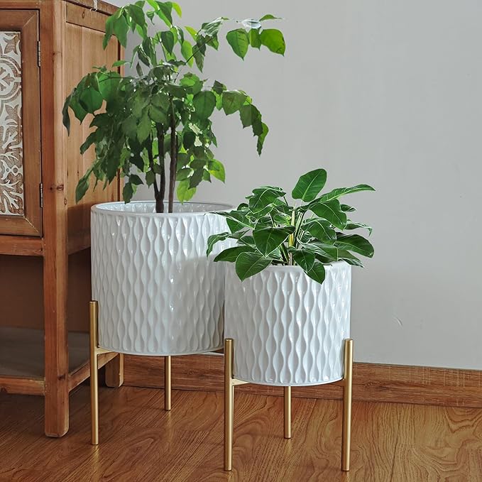 ARNIS Plants Pots with Stand, Set of 2 P lanters, Unique Mid Century Decorative Metal Flower Pots with Drainage, 8.25 & 10.5 Inch, White and Gold
