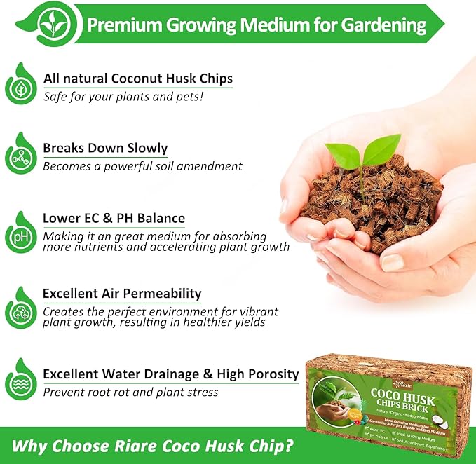 Riare 4 Pack Coco Chips Substrate for Plants- 4.4lb 100% Organic Coconut Husk Brick with Low EC and pH Balanced, High Expansion Coconut Substrate Coco Husk Mulch for Garden Flowers, Herbs, Planting