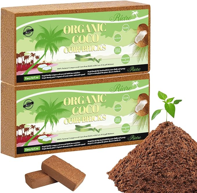 Riare 2pcs Organic Coco Coir Bricks Soil Blocks- 100% Natural Compressed Coco Peat Brick Coconut Fiber Substrate with Low EC& pH Balance, High Expansion Coco Coir Pith Coconut Husk for Garden