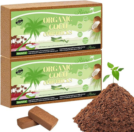 Riare 2pcs Organic Coco Coir Bricks Soil Blocks- 100% Natural Compressed Coco Peat Brick Coconut Fiber Substrate with Low EC& pH Balance, High Expansion Coco Coir Pith Coconut Husk for Garden