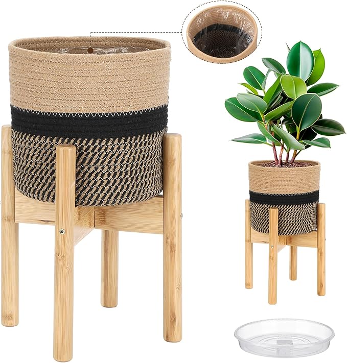 Plant Basket with Stand Indoor Planter Pot Holder Sturdy Jute Rope Modern Woven Basket, Cotton Rope Woven Pot with Bamboo Stand(7.87 Inch,Black and Beige Stripes)