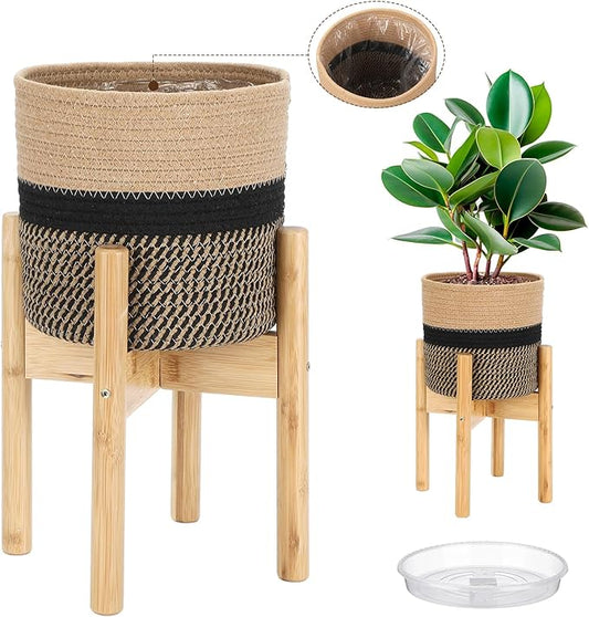 Plant Basket with Stand Indoor Planter Pot Holder Sturdy Jute Rope Modern Woven Basket, Cotton Rope Woven Pot with Bamboo Stand(7.87 Inch,Black and Beige Stripes)