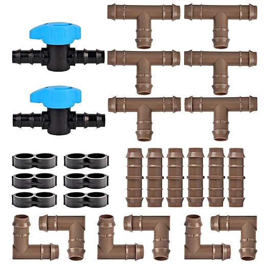 Drip Irrigation Fittings Kit,Irrigation Barbed Connectors for 1/2" Drip Tubing, Drip Line Parts - 6 Couplings, 6 Tees, 6 Elbows, 6 End Clamps, 2 Switch Valves