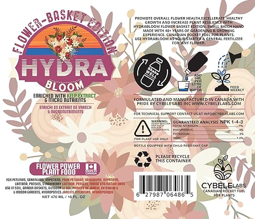 HydraBloom Flower Fertilizer - Indoor and Outdoor All Purpose Bloom Plant Food - Enriched with Kelp - for House Plants, Hanging Baskets, Strawberries - Use in Soil Gardens & Hydroponic Systems - 16oz