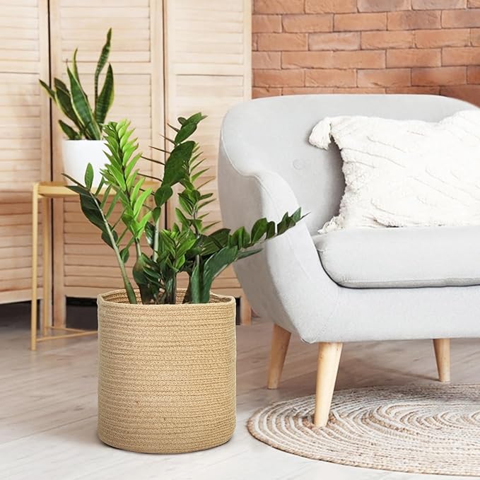 Woven Jute Plant Basket, Wicker Basket Planter for 11 inch Pot, Round Indoor Tree Pot Cover, Small Boho Storage Bin Organizer, Rustic Basket for Plants and Home Decor, 12.5” x 12.5”