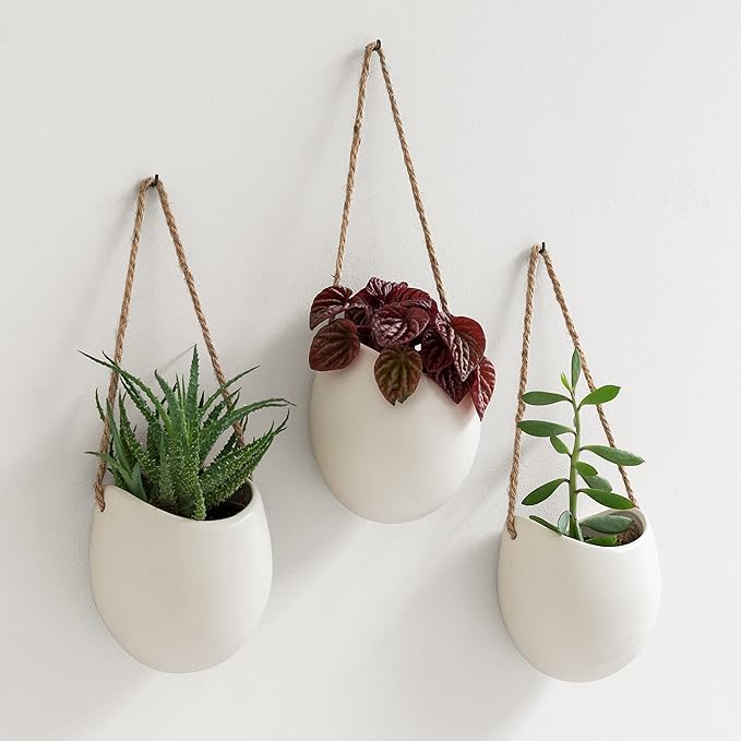 Wall Planters -Ellie- | Hanging Ceramic Plant Pots 3 Pieces | Wall Decoration for Indoors, Balcony and Garden | Cream (Matte)