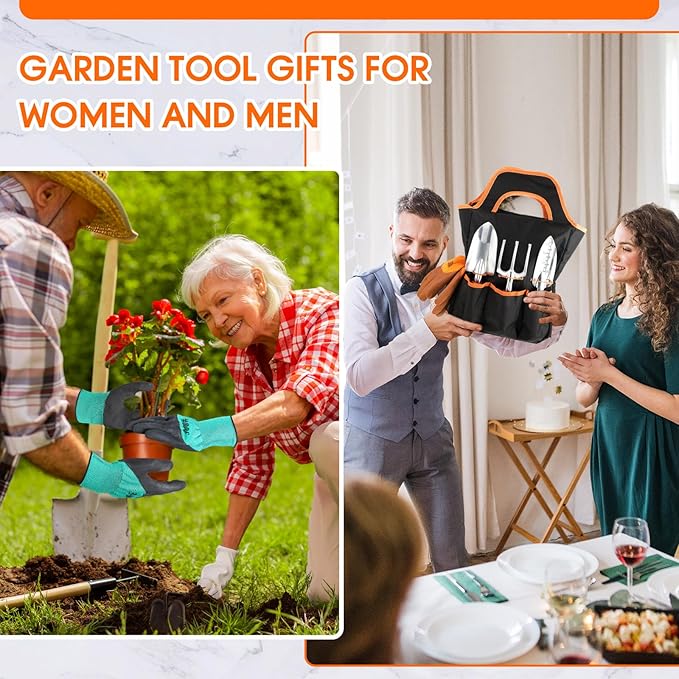 11 Pcs Garden Tool Set Heavy Duty Aluminium Alloy Tools with Ergonomic Handle, Durable Gardening Hand Tools Kit Includes Apron,Storage Tote Bag, Gardening Gifts for Women Men(Orange)