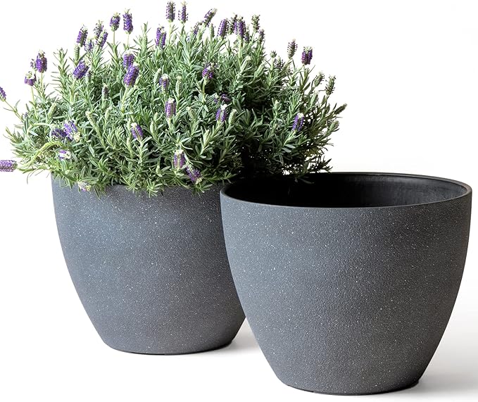 LA JOLIE MUSE Flower Pots Outdoor Garden Planters, Indoor Plant Pots with Drainage Holes, Plastic, Weathered Grey, Set 2 (11.3 + 11.3 Inch)
