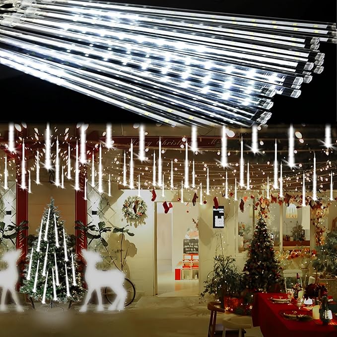Meteor Shower Lights Christmas Lights Outdoor 24-Tube 576LEDs Snow Falling Rain Cascading Icicle Lights for Xmas Tree Christmas Decorations Wedding Party Holiday Garden Decor, UL Plug White
