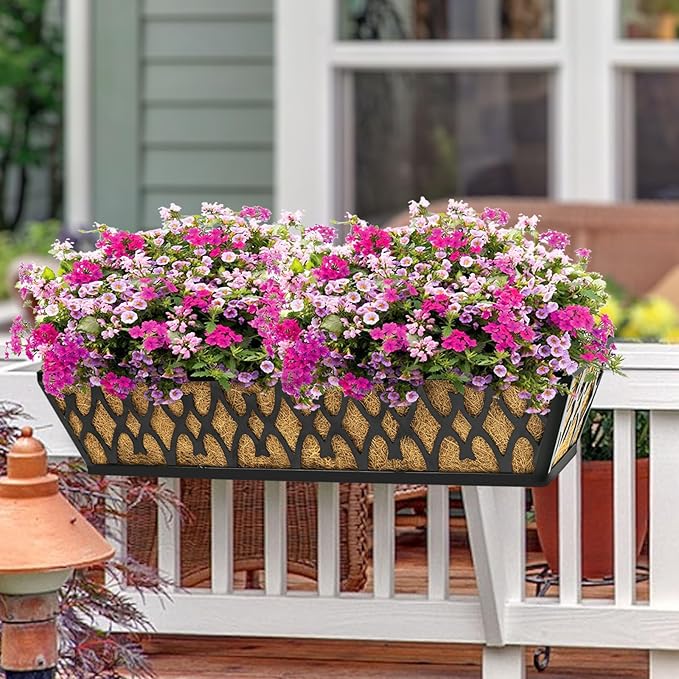 2 Pack 24 Inch Window Boxes Planters Railing Planter Box with Adjustable Brackets for Porch Fence Patio Balcony Hanging Flower Baskets with Coco Liners for Outdoor Garden Décor - Black
