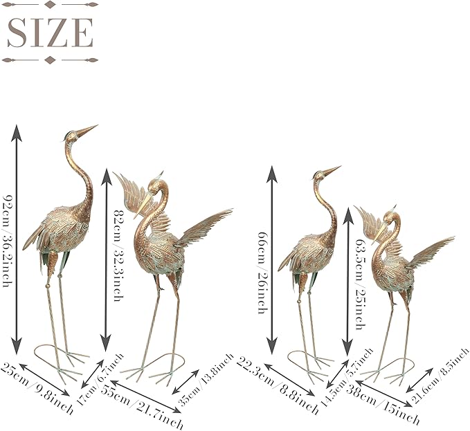 TERESA'S COLLECTIONS Yard Decorations Outdoor Garden Statues, Gold Metal Crane Yard Art, 33-39inch Lawn Ornaments for Backyard, Outside Porch, Patio, Wedding Decor, Set of 2, Christmas Decor