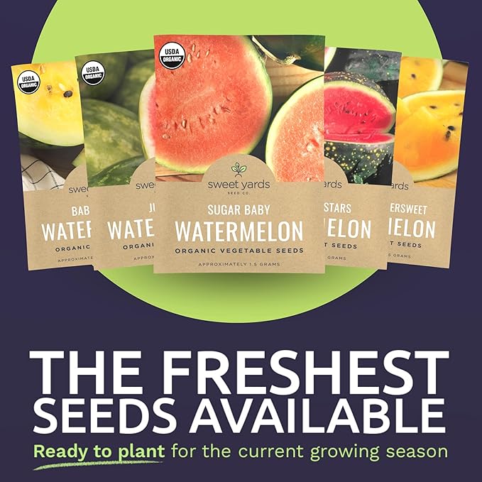 Organic Watermelon Seeds Variety Pack - 6 Individual Packs - 2025 Season - Sugar Baby, Orange Tendersweet, Jubilee and More! for Indoor & Outdoor Planting (Non-GMO, Certified Organic)