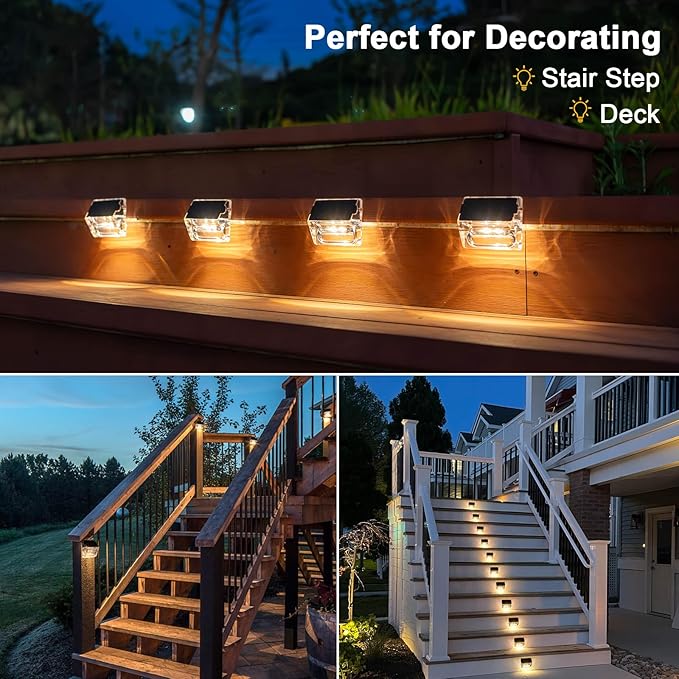 Solar Outdoor Lights, 16 Pack Solar Fence Lights, Deck Lights Waterproof Solar Powered Outside Lighting for Step Railing Wall Pool Stair Yard Garden Patio Pool Decorations (Warm White)