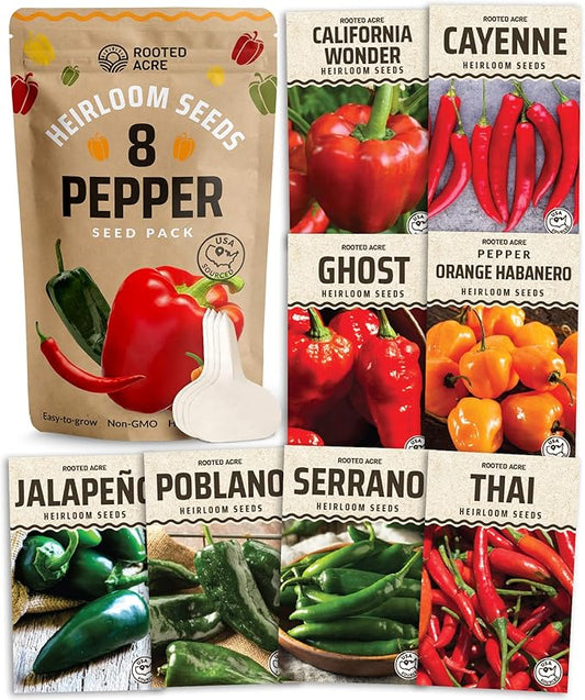 Rooted Acre 8 Varieties Pepper Seeds - Non GMO, USA, Heirloom Hot Pepper Seeds inc Ghost and Jalapeno - High Germinating Pepper Seeds for Planting Home Garden: Serrano, California Wonder, and More