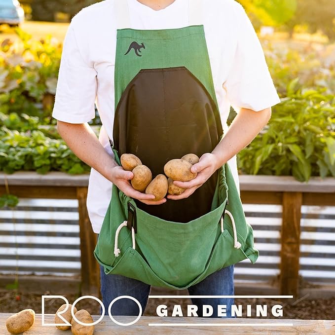 Roo Gardening Apron with Pockets & Harvesting, Picking Pouch - Adjustable, Water-resistant, Washable Canvas Cotton