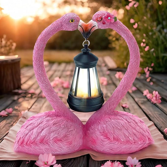 9.8" Garden Flamingo Statue with Solar Lantern,Heart Shaped Flamingo Decor,Unique Double Head Flamingo Gifts for Women,Mom,Lover