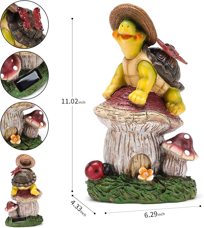 Turtle Figurine Garden Decor, Solar Turtle Outdoor Statue, Funny Turtle Gift Sculpture Decoration for Home Patio Yard Lawn Porch Ornament