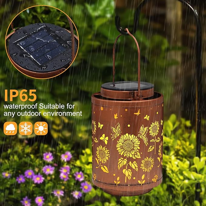 Solar Outdoor Hanging Waterproof Lantern Butterflies Garden Decor LED Light Solar Metal Lantern Gifts for Girl Women Solar Decoration for Patio Pathway Yard, Gold, T-DL-204