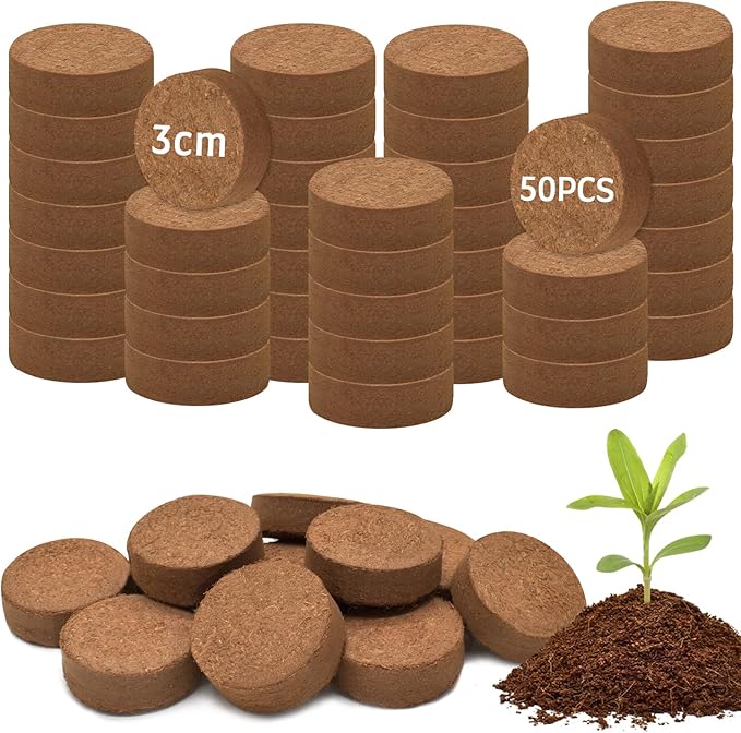 Halatool 30mm 50pcs Organic Coconut Coir Pellets Soil for Planting, Compressed Coco Coir Soil Potting Soil Seed Starters for Growing Vegetables, Fruits, Flowers