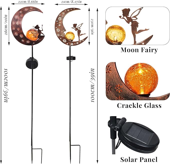 TERESA'S COLLECTIONS 2pcs Fairy Moon Lights Solar for Garden Decor Outside, Metal Yard Art Lawn Ornaments with Crackle Glass Ball, Angel Decorative Stake for Patio Porch Decor, Gifts for Grandma Mom