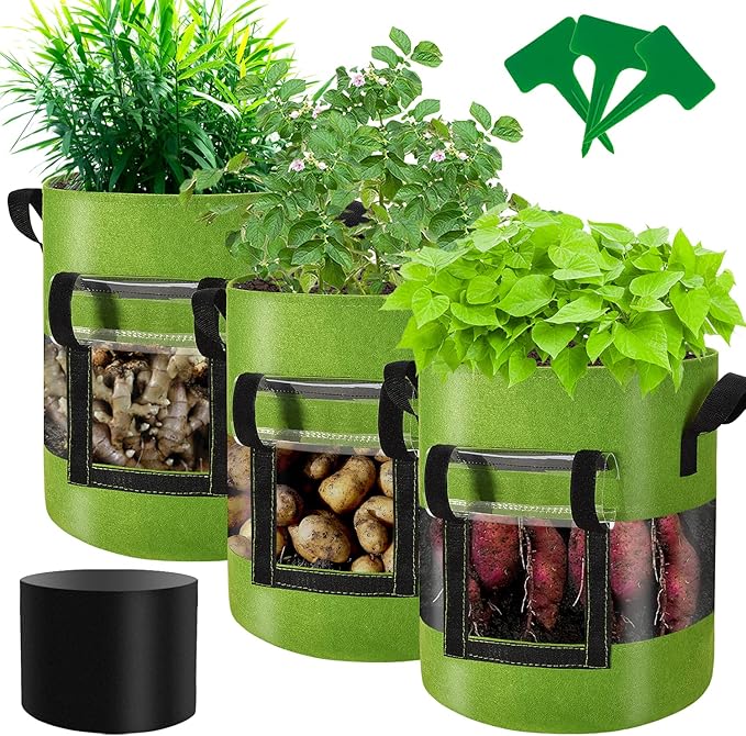 360 Degree Visible 3-Pacs10 Gallon Potato Grow Bags with Flap, Potatoes Growing Containers with Handles&Visible Space for Vegetables/Strawberry/Sweet Potato Used Outdoor and Indoor