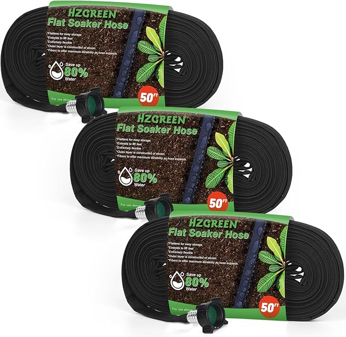 Flat Soaker Hose 50FT x 3 PACK,Drip Hose for Garden Beds Linkable Irrigation System Lightweight and Easy Watering for Tree Plant and Save 80% Water for You (150FT)