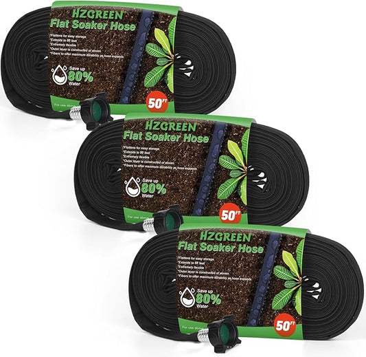 Flat Soaker Hose 50FT x 3 PACK,Drip Hose for Garden Beds Linkable Irrigation System Lightweight and Easy Watering for Tree Plant and Save 80% Water for You (150FT)