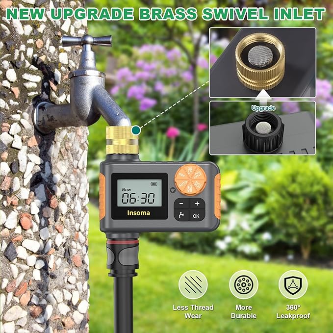 Sprinkler Timer, Hose Timer with Brass Inlet, Water Hose Timer with Rain Delay/Manual/Auto Watering, Auto Irrigation Timer for Yard & Greenhouse, IP55 Waterproof