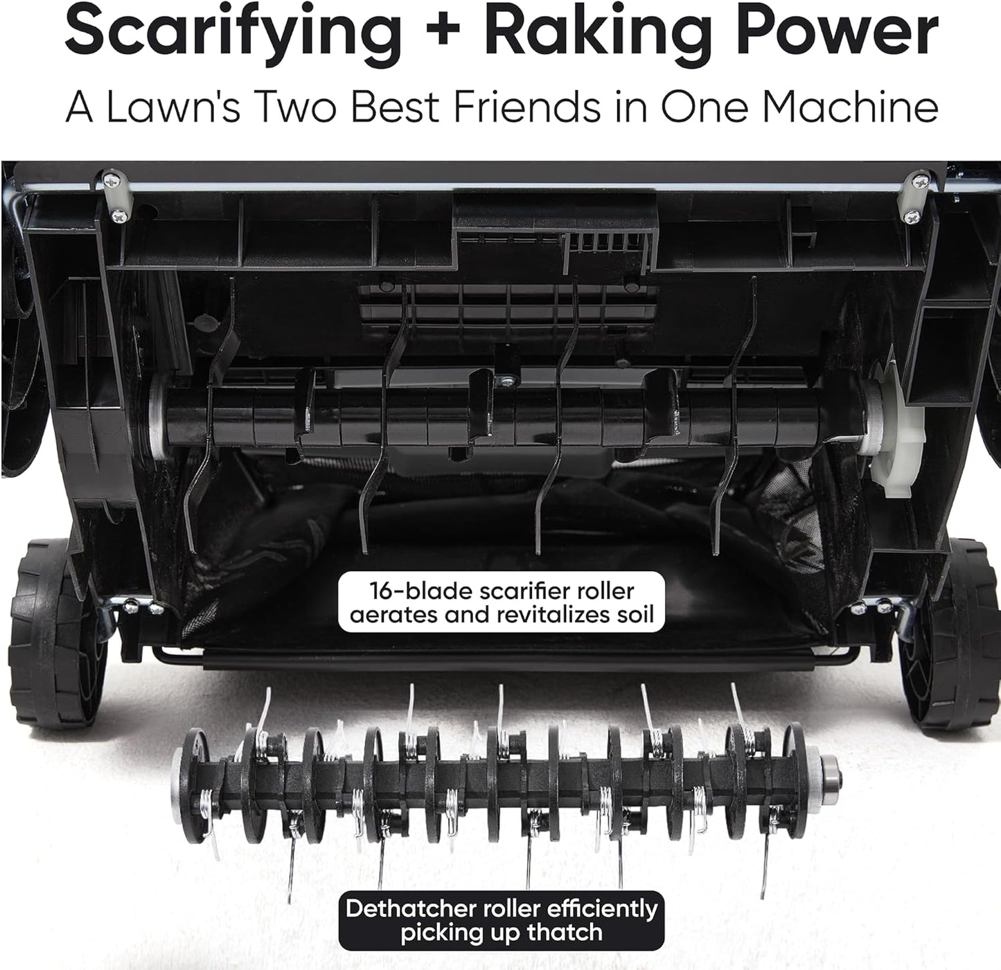 13-Inch 2-in-1 Electric Dethatcher and Scarifier Lawn Dethatcher with 8-Gallon Removable Thatch Collection Bag, 4-Position Depth Adjustment, 12 Amp, Quick-Fold, Keeps Lawn Healthy