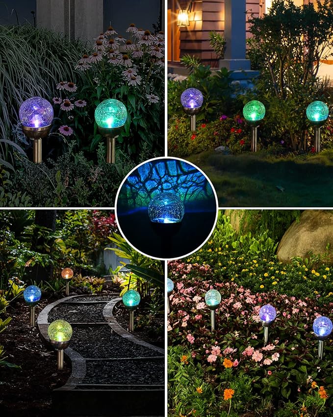 Solar Garden Lights Cracked Glass for Outdoor Waterproof Landscape Pathway Decorations 7 Colors Changing 10 Packs