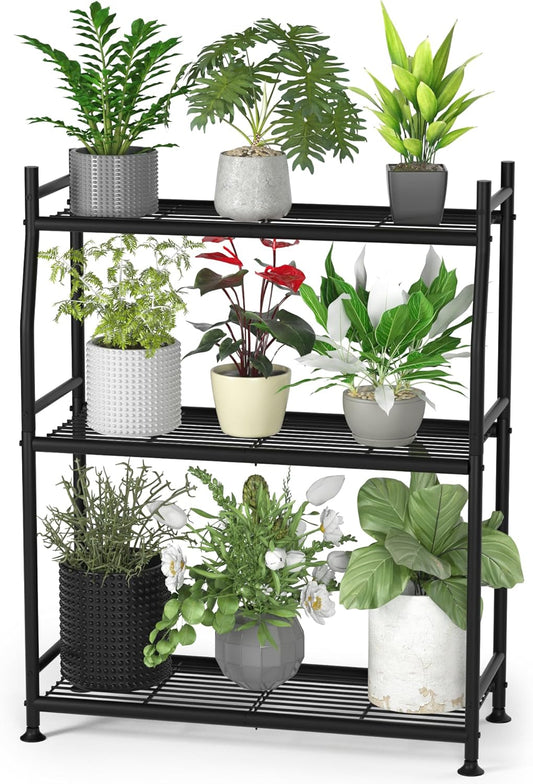 3-Tier Plant Stand Indoor Outdoor, Waterproof Metal Plant Shelf for Multiple Flower Planter Holder, Small Plant Stands for Patio Garden Living Room, Black