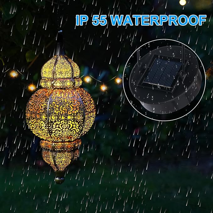 2 Pack Hanging Solar Lights, Outdoor Decor Solar Lantern, Waterproof Metal Moroccan Lantern for Outside Patio Pathway Yard Front Porch Backyard Garden Decorative